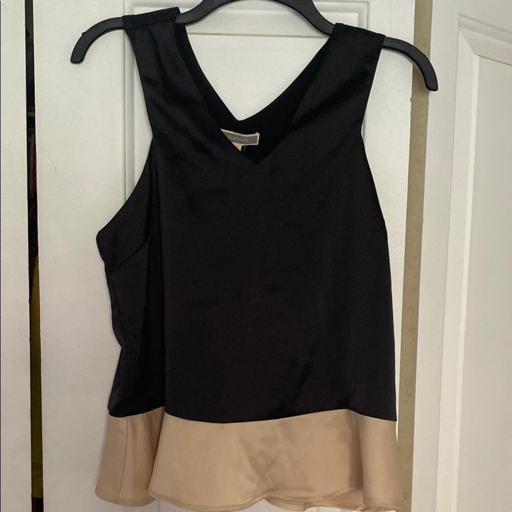 Pleione Black and Tan Asymmetrical Peplum Top